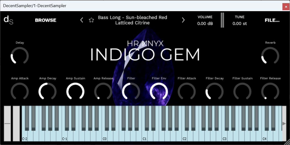 A screenshot of the Indigo Gem Sample Library instrument interface in Decent Sampler.